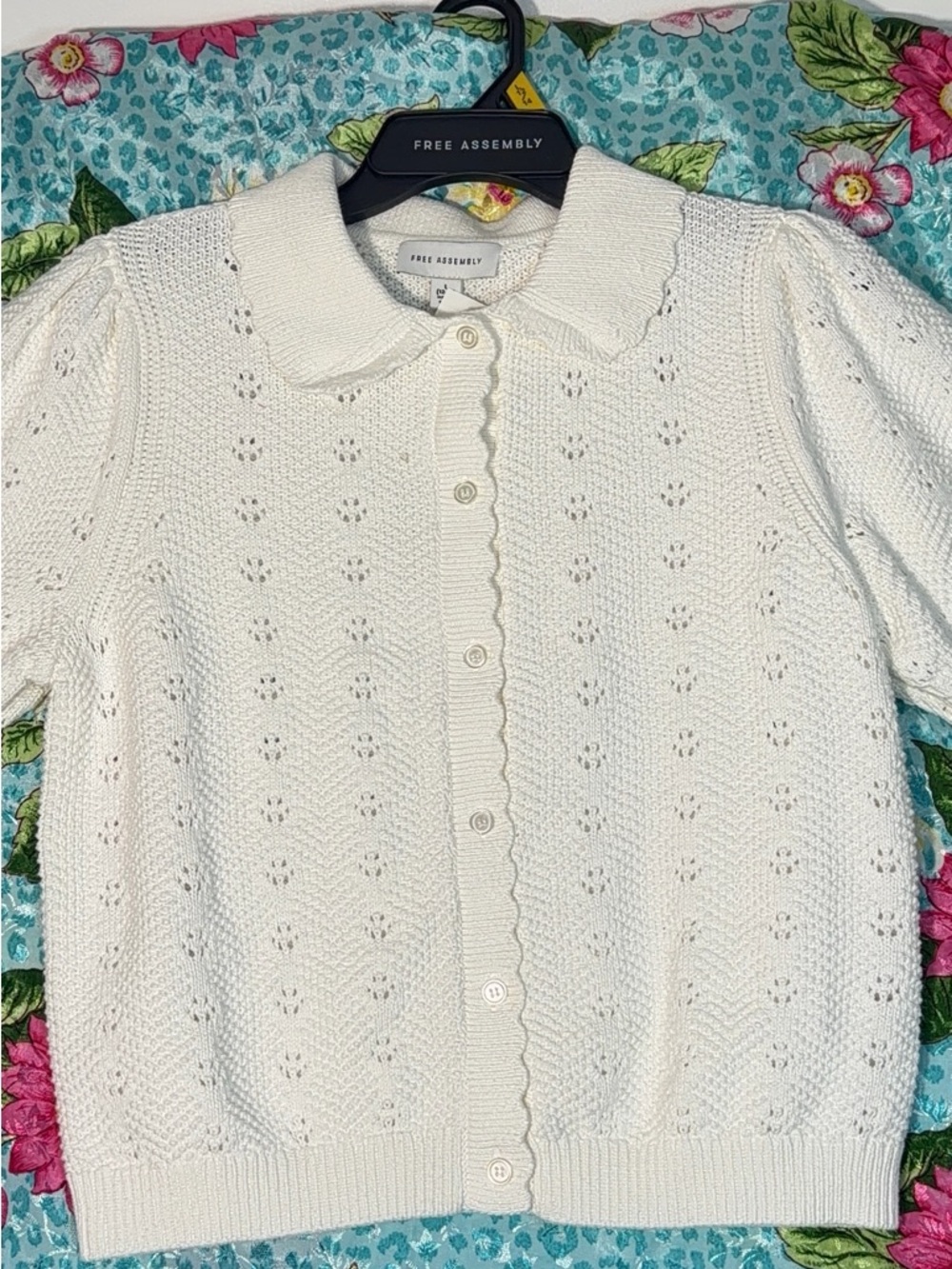 Women's White Short-Sleeve Knit Button-Down Cardigan - Picture 7 of 16